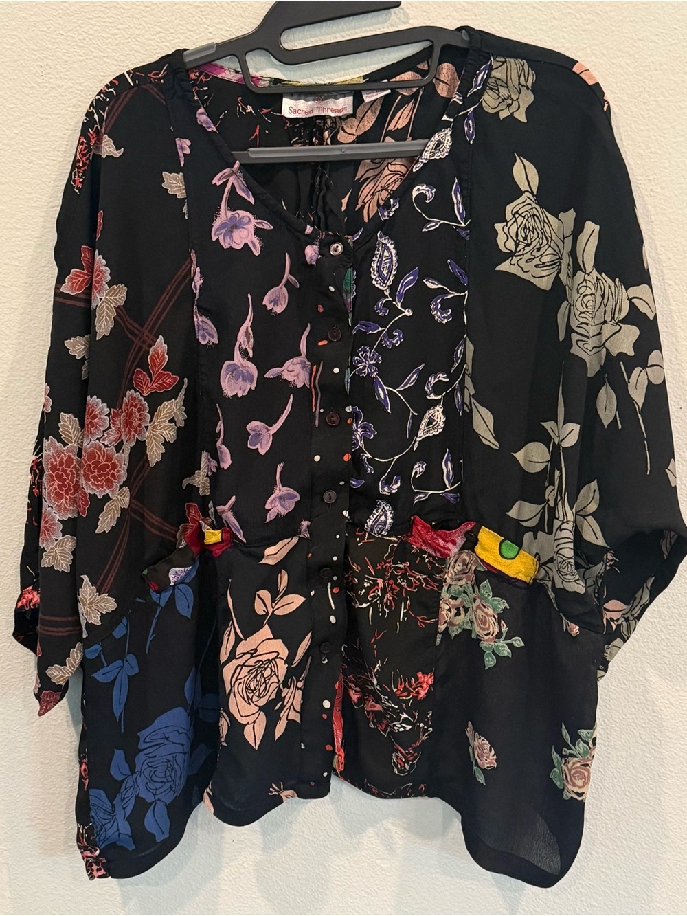 Sacred Threads BoHo Patchwork Floral Button Front Blouse Women’s Large Artsy